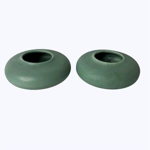 2 Art Pottery Matte Green Low Profile Round Vases MCM Style Unmarked 2" Tall